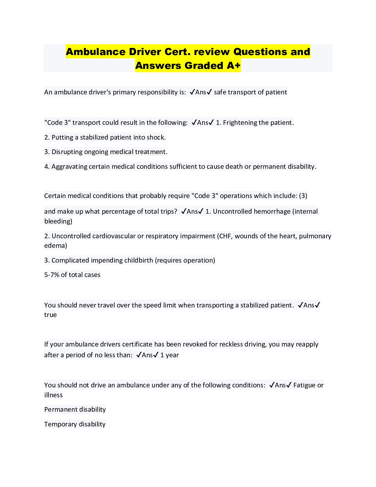 Preview image for Ambulance Driver Cert. review Questions and Answers Graded A+